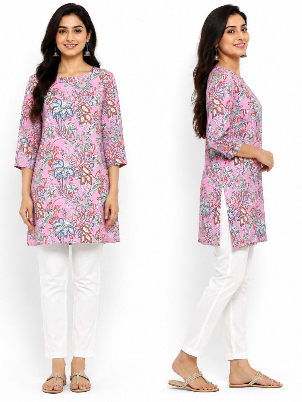 Style Union Pink Floral Rounded Neck Cotton Kurta Size Medium